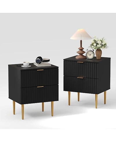 gaomon 2pcs Modern Nightstand with 2 Drawers, Golden and Wood Fluted Night Stand Charging Station, Bedside Table Usb Ports Outlets.