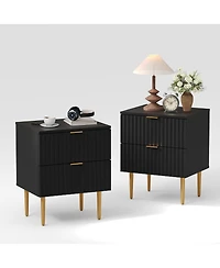 gaomon 2pcs Modern Nightstand with 2 Drawers, Golden and Wood Fluted Night Stand Charging Station, Bedside Table Usb Ports Outlets.