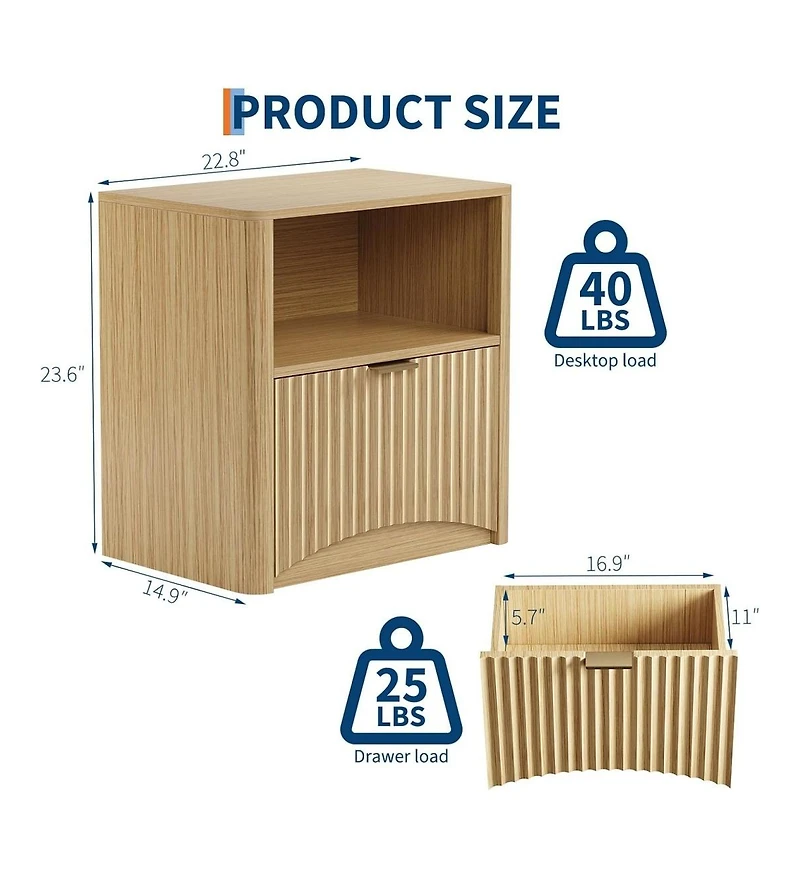 Gaomon 2pcs Nightstands, Fluted Nightstand with Drawer and Storage, End Table Mid Century Modern, Wooden Nightstand for Bedroom Sofa Office,Oak