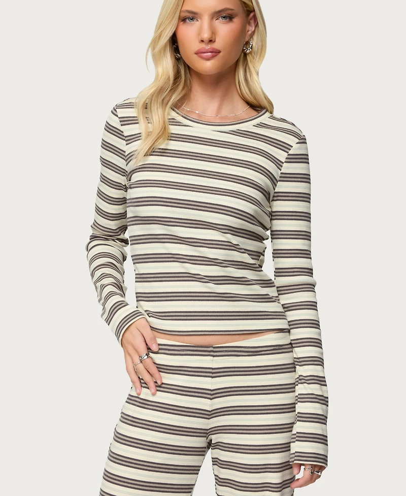 Edikted Women's Avalie Striped Ribbed Long Sleeve T Shirt