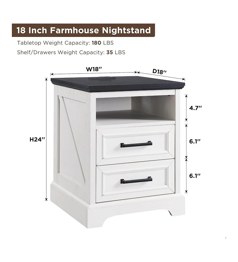gaomon 18" Farmhouse Nightstand Set of 2 with Charging Station,End Table with 2 Drawers Storage,Side Table,Bedside Cabinet, White