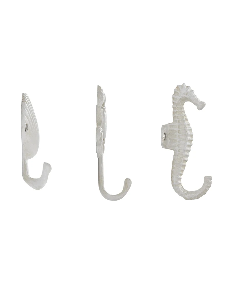 Danya B White Cast Iron Nautical Ocean Sculpture Wall Hook Set of 3 - Seashell, Crab, Seahorse