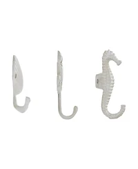 Danya B White Cast Iron Nautical Ocean Sculpture Wall Hook Set of 3 - Seashell, Crab, Seahorse
