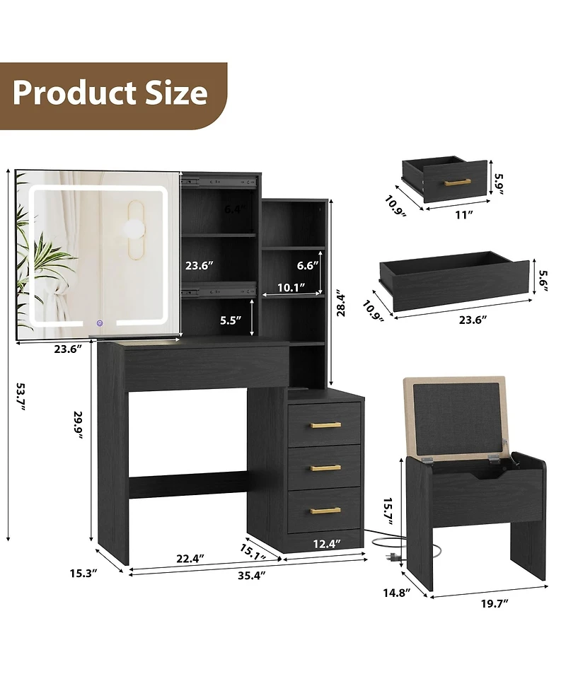 gaomon Vanity Desk with Sliding Mirror and Lights, Modern Makeup Table 4 Drawers 7 Storage Shelves