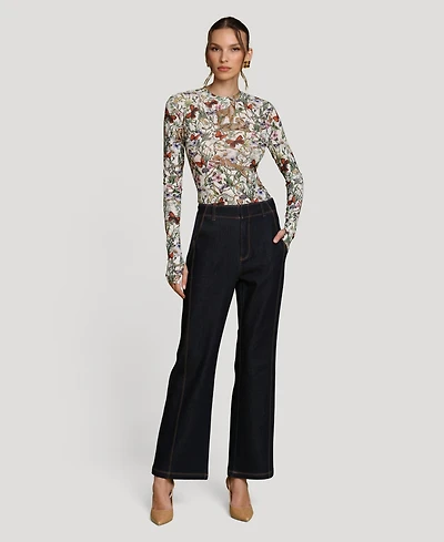 Avec Les Filles Women's Printed Long-Sleeve Mesh Top