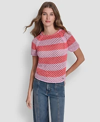 Dkny Jeans Women's Stripe Pointelle Cropped Pull-On Sweater