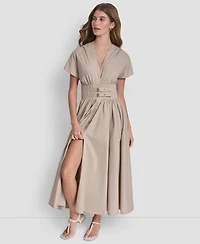 Dkny Jeans Women's Poplin Smocked-Waist V-Neck Midi Dress