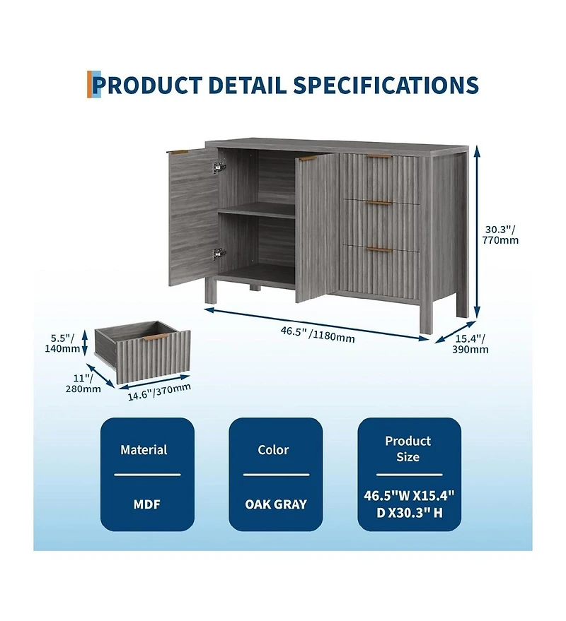 gaomon 47" Buffet Sideboard Cabinet with 2 Doors & 3 Drawers, Wood Console Table