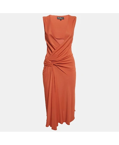 Pre-Owned Salvatore Ferragamo Women's Orange Jersey Plunging Neck Midi Dress