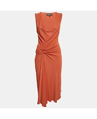 Pre-Owned Salvatore Ferragamo Women's Orange Jersey Plunging Neck Midi Dress
