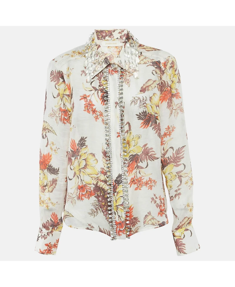 Pre-Owned Zimmermann Women's Beige Floral Print Embellished Linen & Silk Matchmaker Shirt