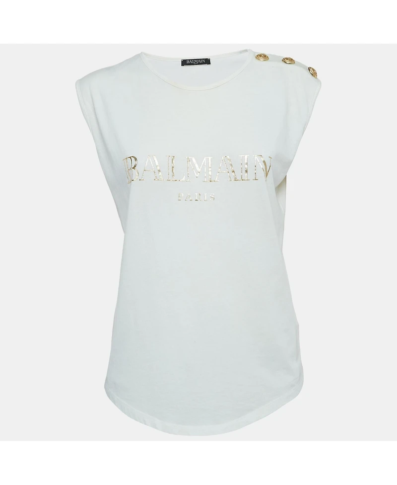 Pre-Owned Balmain Women's White Logo Print Distressed Cotton Button Detailed Tank Top