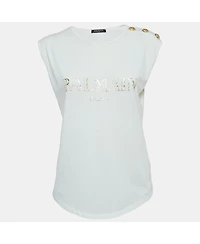 Pre-Owned Balmain Women's White Logo Print Distressed Cotton Button Detailed Tank Top