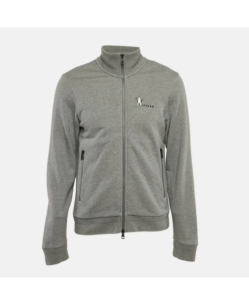Pre-Owned Moncler Men's Grey Logo Print Cotton Knit Zip-Up Jacket