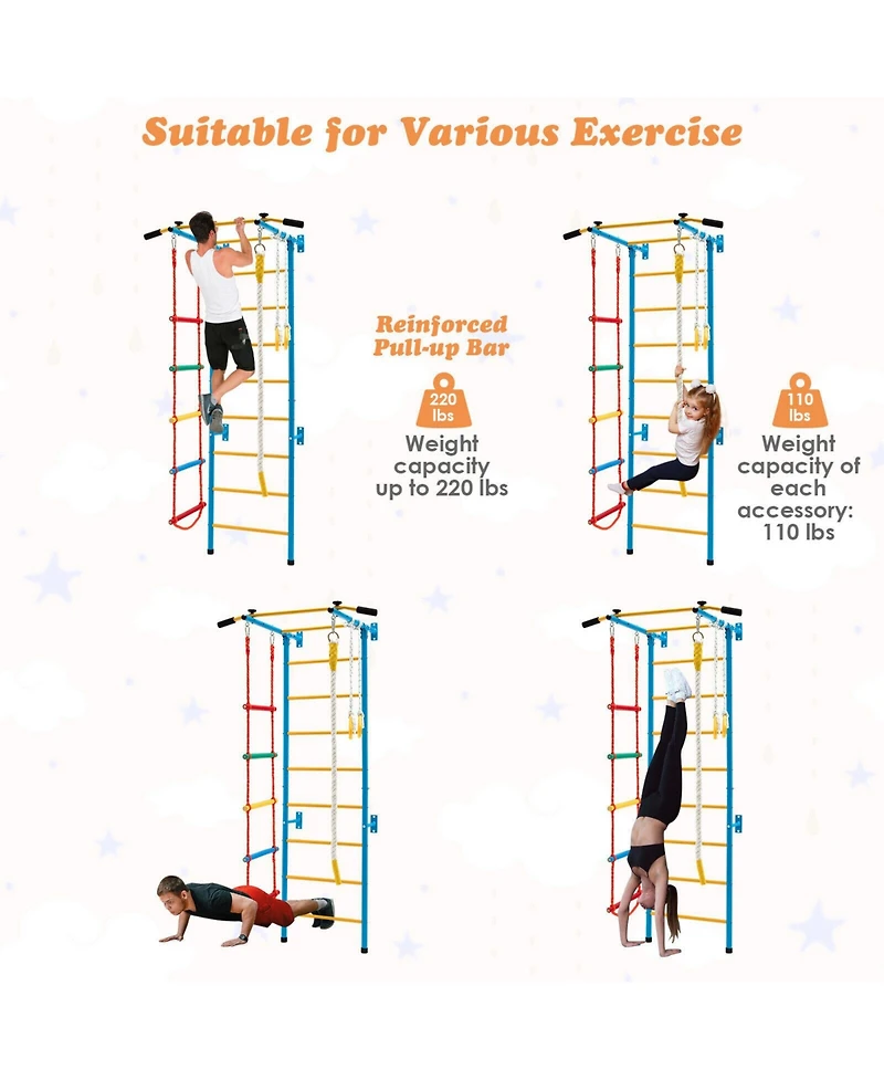 Skonyon 7 In 1 Kids Indoor Gym Playground Swedish Wall Ladder for Solid Wall-Yellow