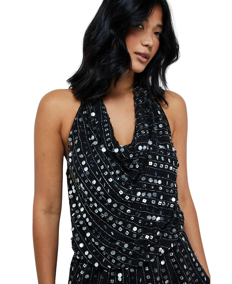 Warehouse Women's Sequin Cowl Front Flippy Mini Dress