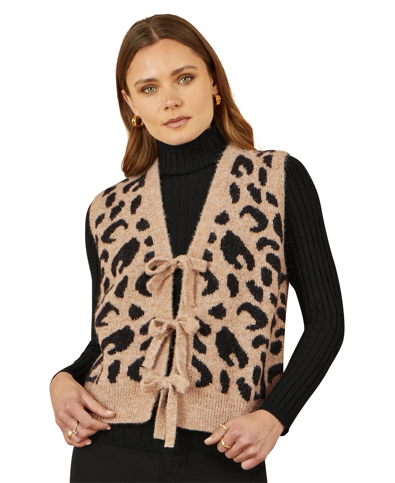 Yumi Women's Knitted Cheetah Print Tie Waistcoat
