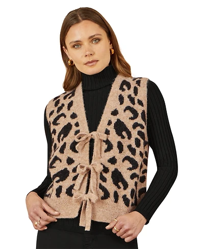 Yumi Women's Knitted Cheetah Print Tie Waistcoat