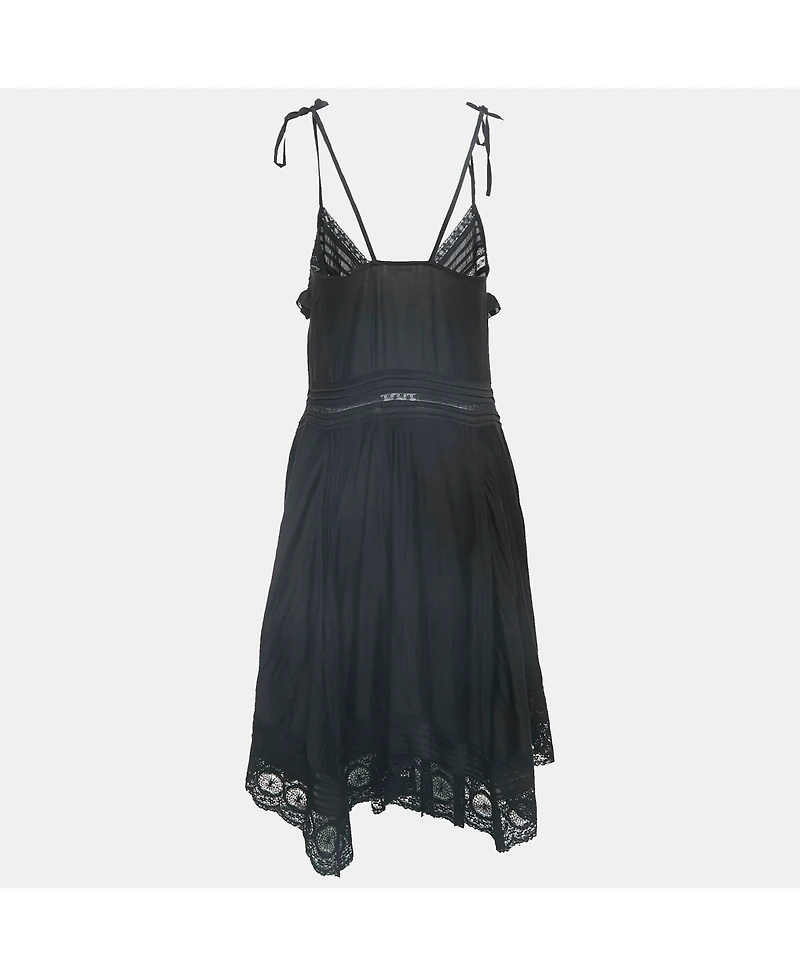 Pre-Owned Zadig & Voltaire Women's Black Cotton Lace Trimmed Tie-Up Detail Asymmetric Midi Dress