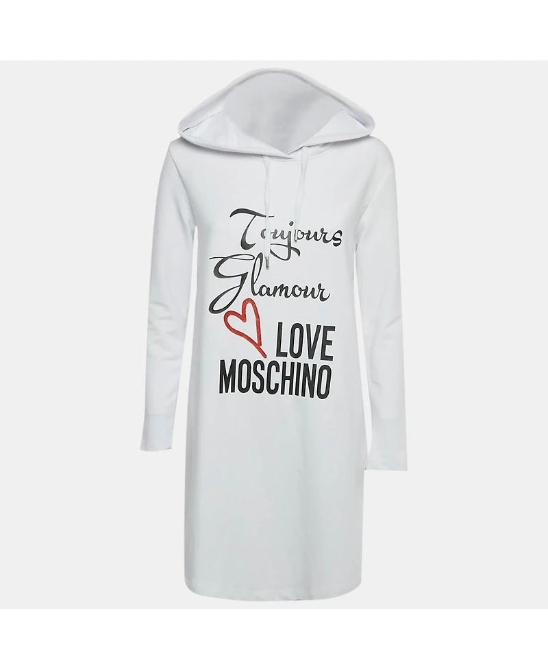 Pre-Owned Love Moschino Women's White Printed Cotton Hoodie Dress