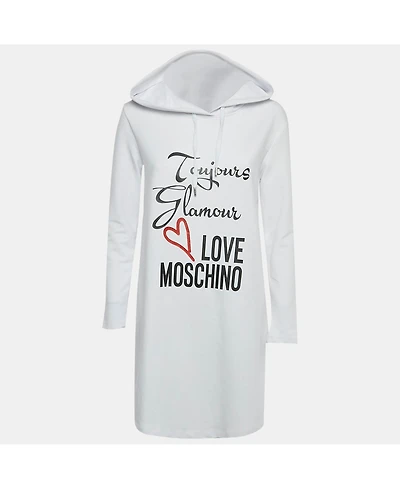 Pre-Owned Love Moschino Women's White Printed Cotton Hoodie Dress