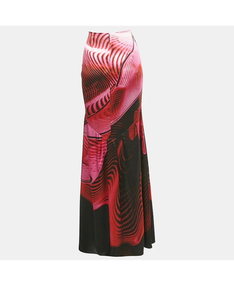 Pre-Owned Roberto Cavalli Women's Pink/black Printed Silk Maxi Skirt