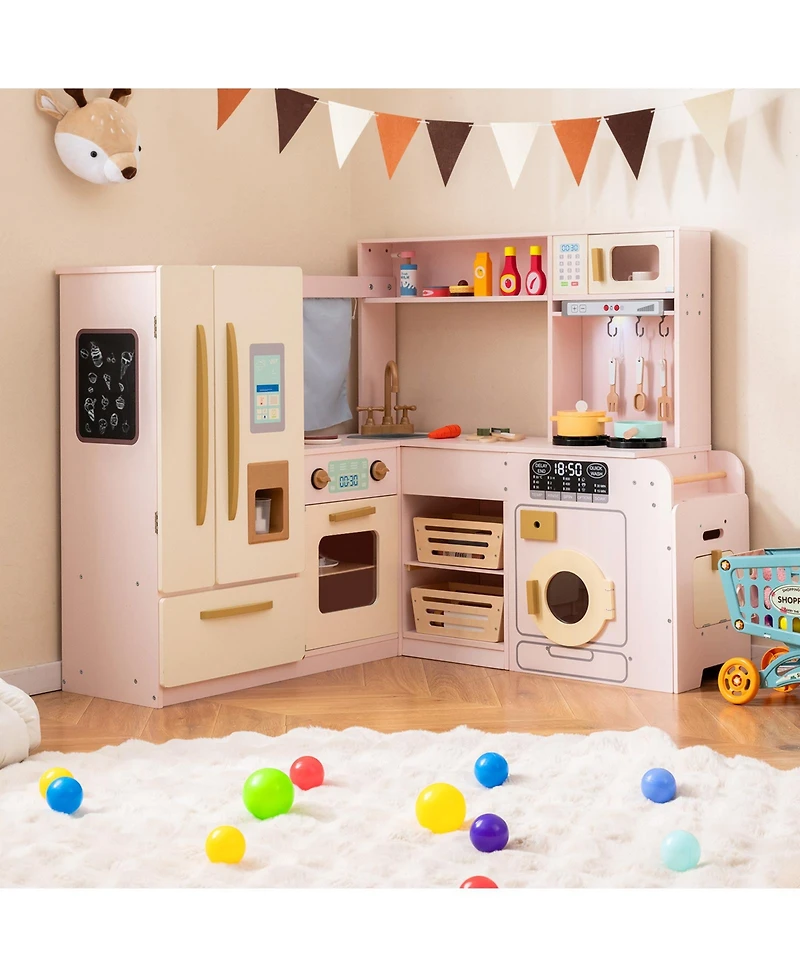 Hongge Corner Kitchen Playset for Kids with Lights, Sounds, and Storage - Pink