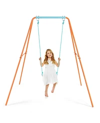 Outdoor Kids Swing Set with Heavy-Duty Metal A-Frame and Ground Stakes-Orange