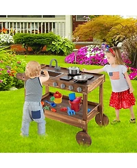 Skonyon Outdoor Movable Mud Kitchen with 2 Rolling Wheels and 1 Push Handle