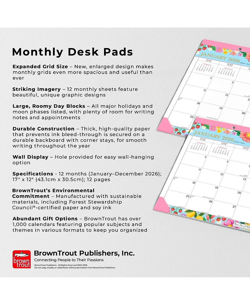 BrownTrout Bonnie Marcus Official | 2026 17 x 12 Inch Monthly Desk Pad Calendar