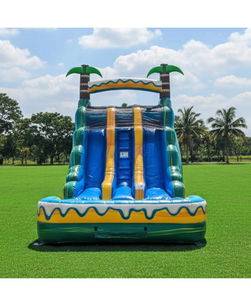 HeroKiddo 15' Tropical Breeze Commercial Grade Dual Lane Inflatable Water Slide with Pool and Blower Indoor Outdoor Inflatable