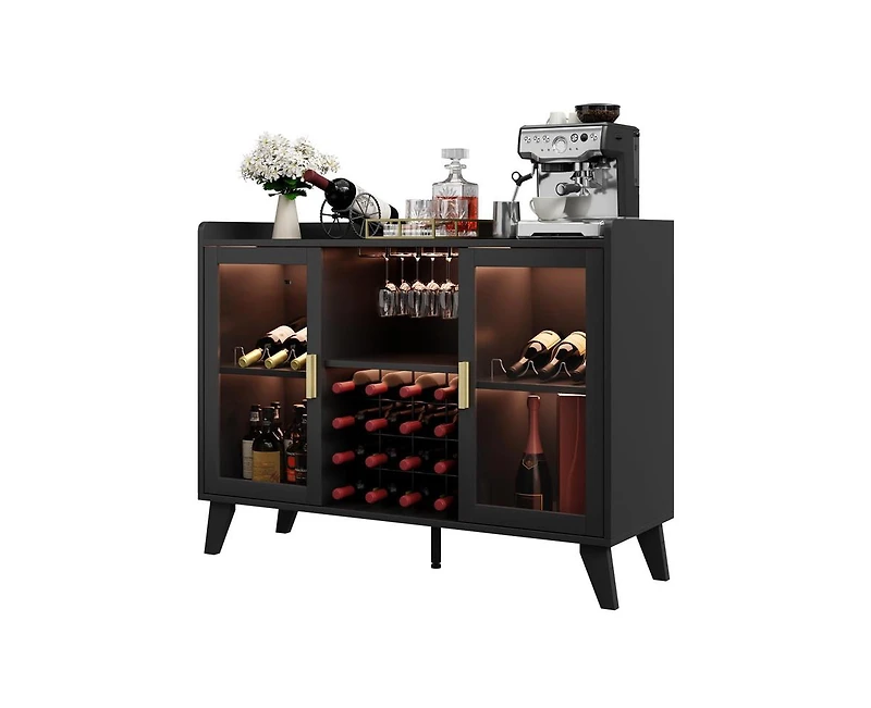 gaomon Farmhouse Wine Bar Cabinet With Led Lights, Home Coffee Bar Cabinet With Wine Racks and Glass Holders