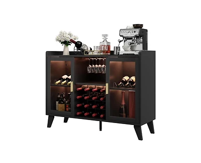 gaomon Farmhouse Wine Bar Cabinet With Led Lights, Home Coffee Bar Cabinet With Wine Racks and Glass Holders