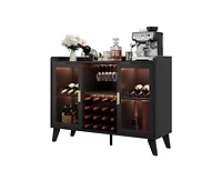 gaomon Farmhouse Wine Bar Cabinet With Led Lights, Home Coffee Bar Cabinet With Wine Racks and Glass Holders