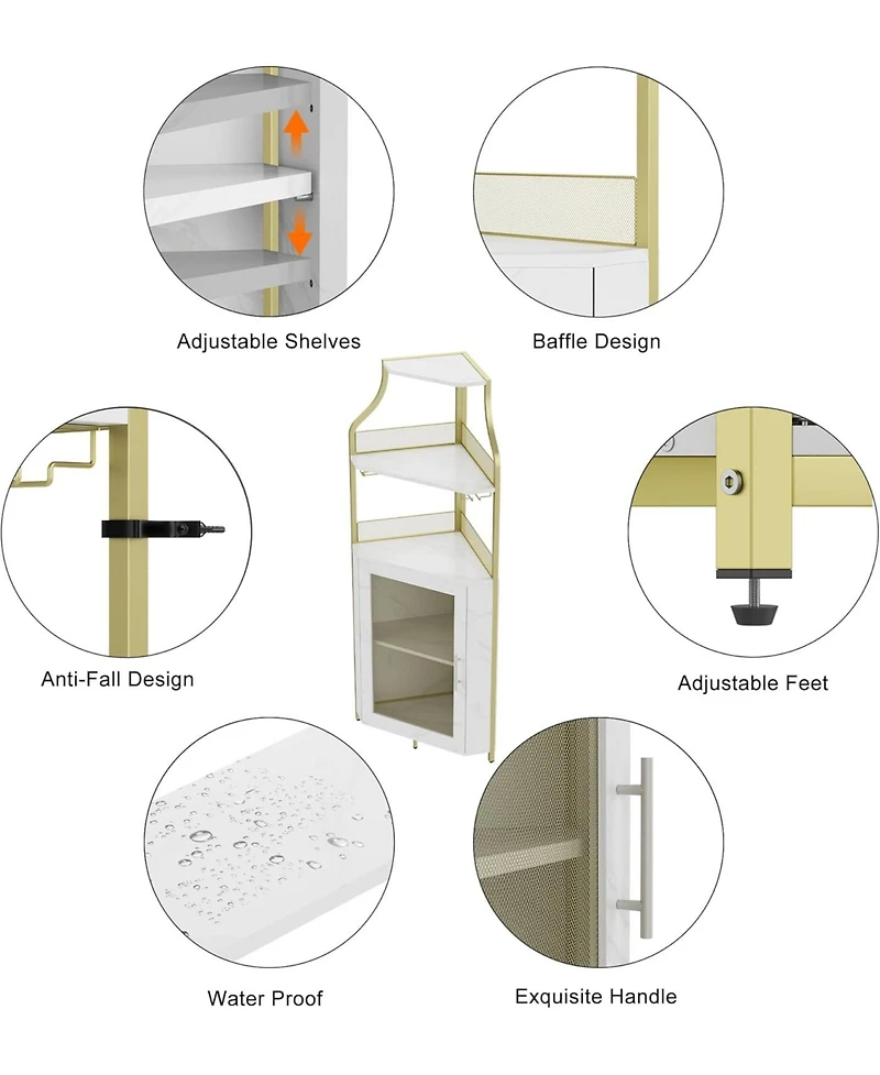 gaomon Farmhouse Wine Bar Corner Cabinet with Detachable Rack, Mesh Door, Glass Rack, and Storage for Kitchen and Dining Room,Gold