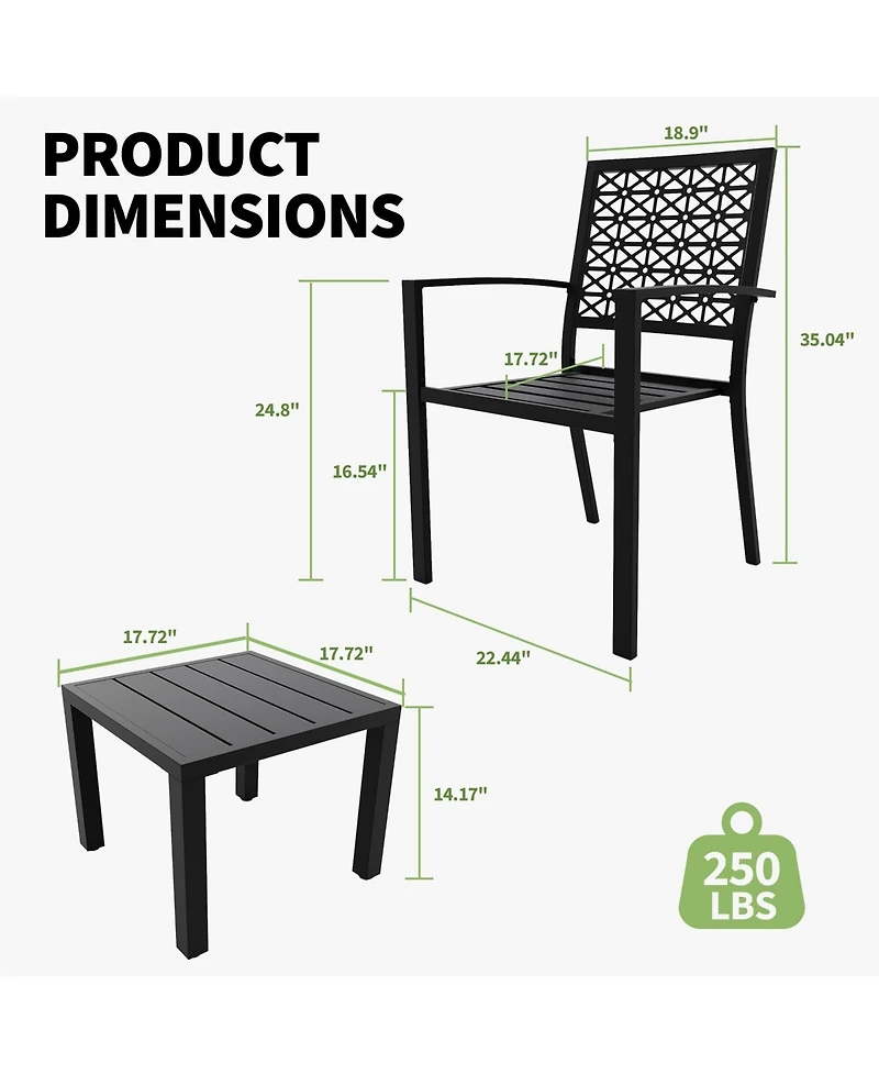 Gaomon 3 Piece Patio Bistro Set, Black Steel Outdoor Chairs and Table Set for 2, Small Modern Furniture