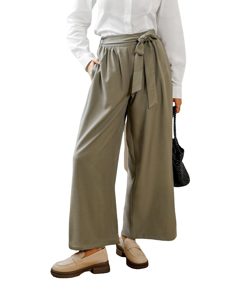 Cupshe Women's Pleated Wide-Leg Pants with Waist Tie