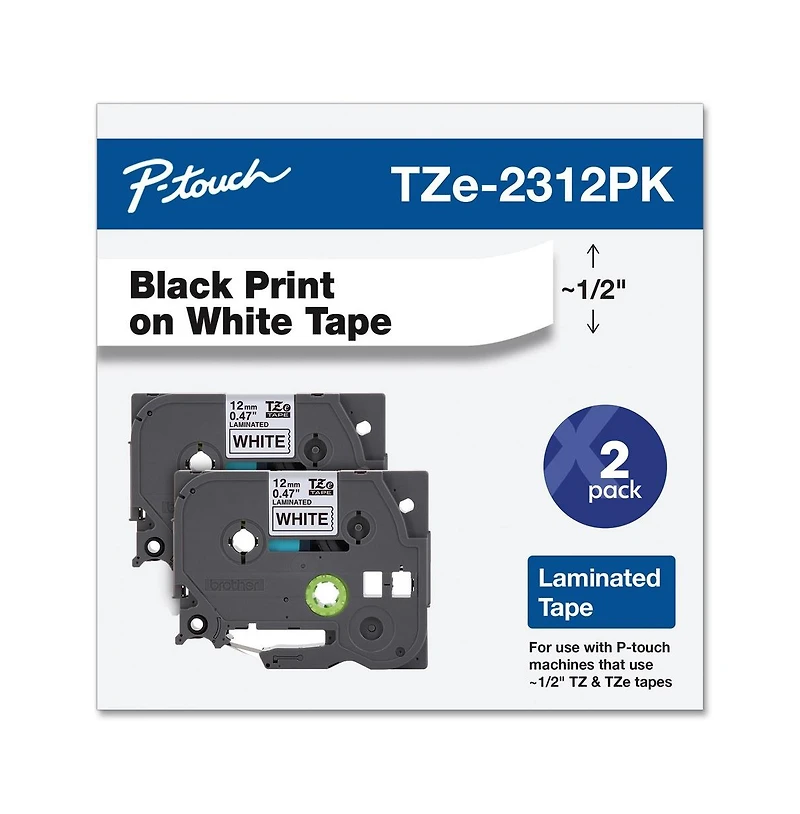Brother P-Touch TZE2312PKG Tze Standard Adhesive 0.47 in. x 26.2 ft. Laminated Labeling Tapes - Black On White (2/Pack