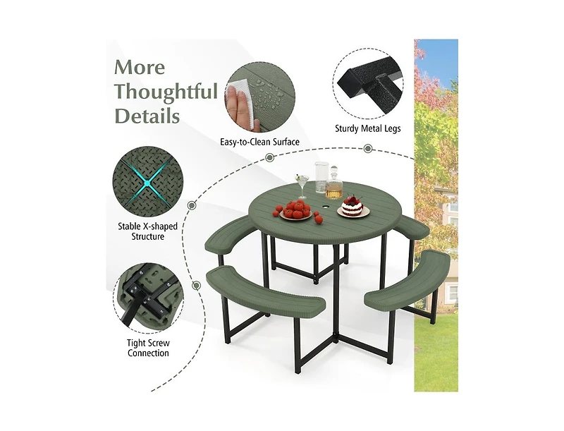 Slickblue Round Picnic Table Set with 4 Benches and Umbrella Hole