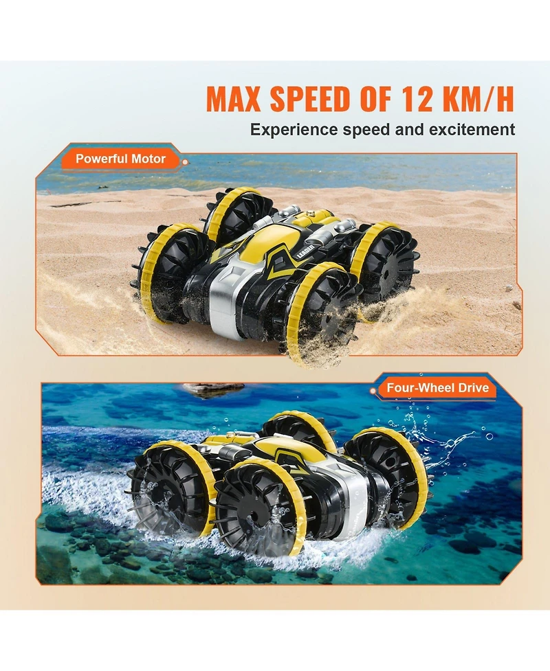Mecale Amphibious Rc Car Boat, 2.4GHz 12 km/h 4WD Waterproof Car, 360° Rotating Stunt Vehicle with 2 Batteries, Toy for Kids 6+