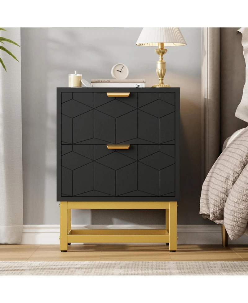 gaomon 2 Drawer Dresser, Modern Small Nightstand with Gold Handles, Wood Storage Cabinet for Bedroom, Nursery, Entryway