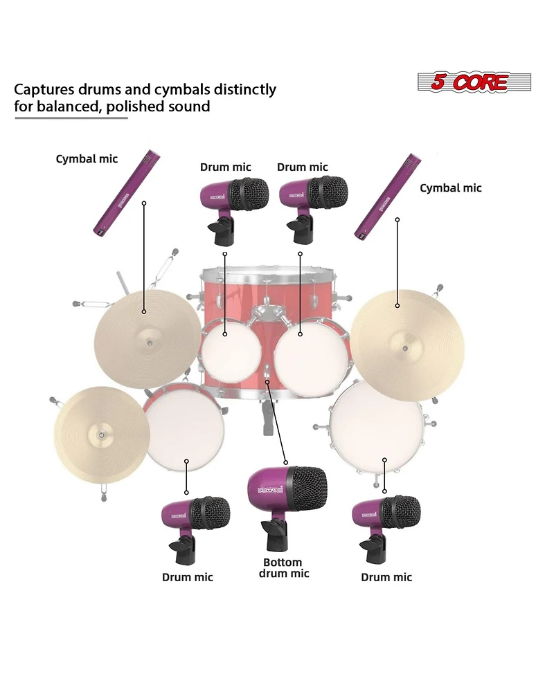 5 Core Drum Microphone Kit 7Piece All Metal Drummer Mics Tom/Snare and Cymbals Wired Instrument Drums Set