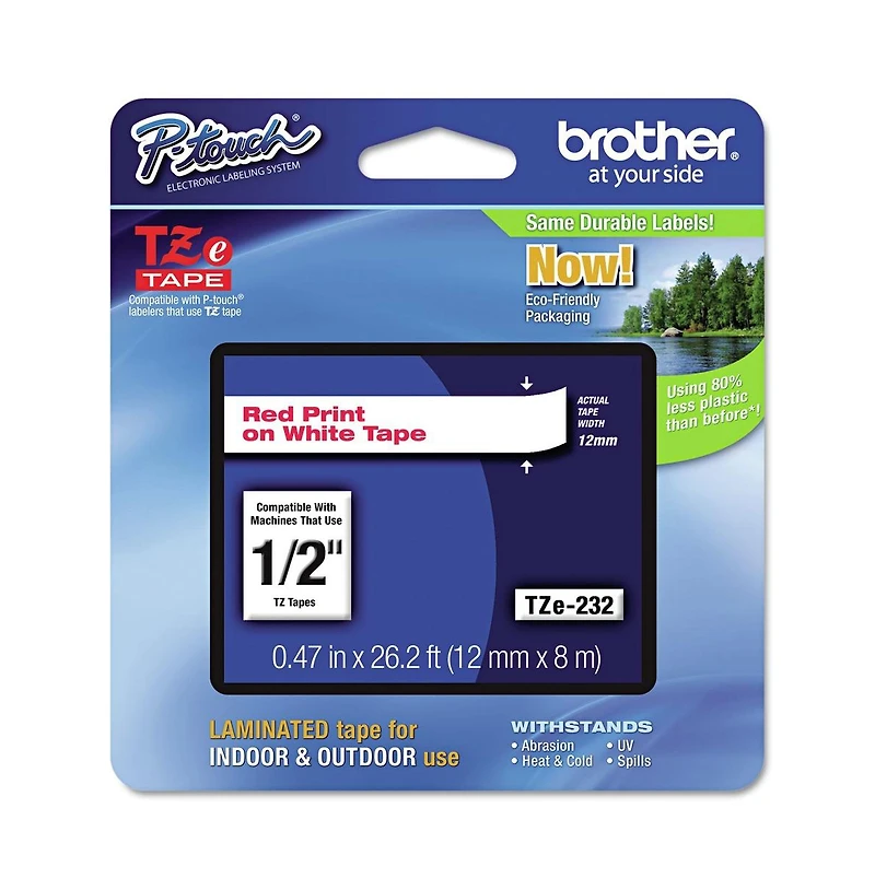 Brother P-Touch TZE232 0.47 in. x 26.2 ft. TZe Standard Adhesive Laminated Labeling Tape - Red on White
