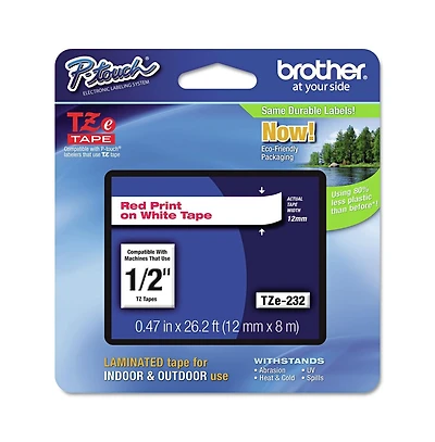 Brother P-Touch TZE232 0.47 in. x 26.2 ft. TZe Standard Adhesive Laminated Labeling Tape - Red on White