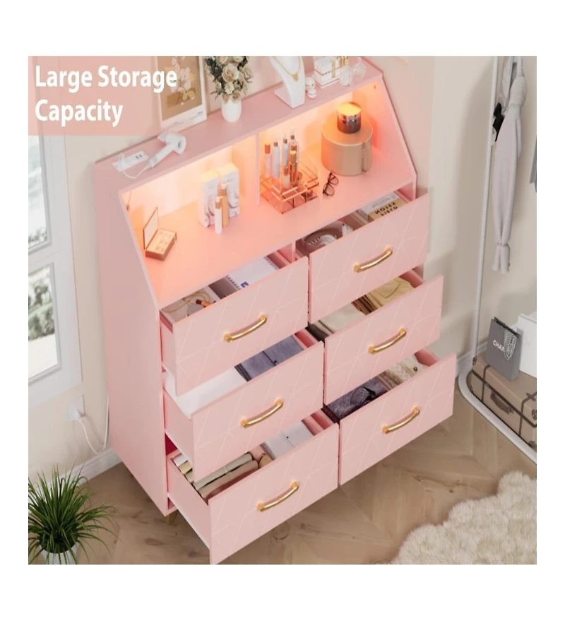 Gaomon 47 Inch 6 Drawer Dresser with Led Light Charging Station Storage Shelf Gold Legs Modern Drawer Cabinet for Bedroom Living Room