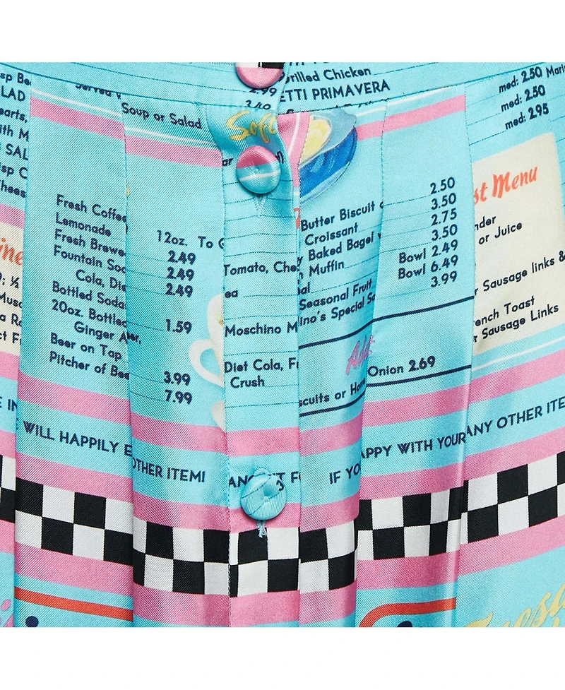 Pre-Owned Moschino Women's Couture Blue Drive In Menu Print Silk Pleated Midi Skirt