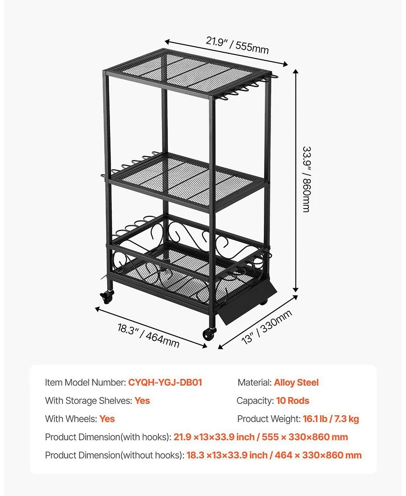 Mecale Fishing Rod Holder, 10-Rod Mobile Pole Rack Cart with Wheels for Garage or Home Fishing Gear Storage