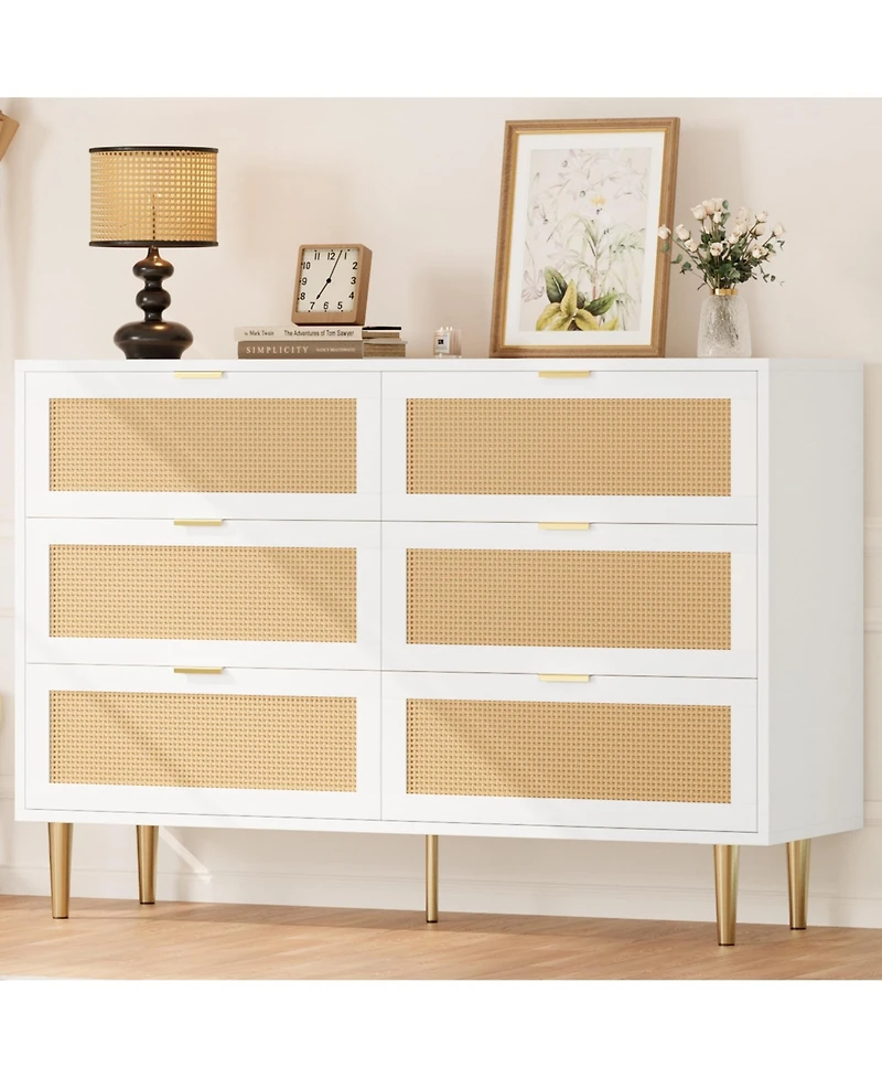 Gaomon Natural Rattan 6-Drawer Dresser with Gold Legs & Handles, Wide Storage Chest, Anti-Tip Design for Bedroom or Living Room.