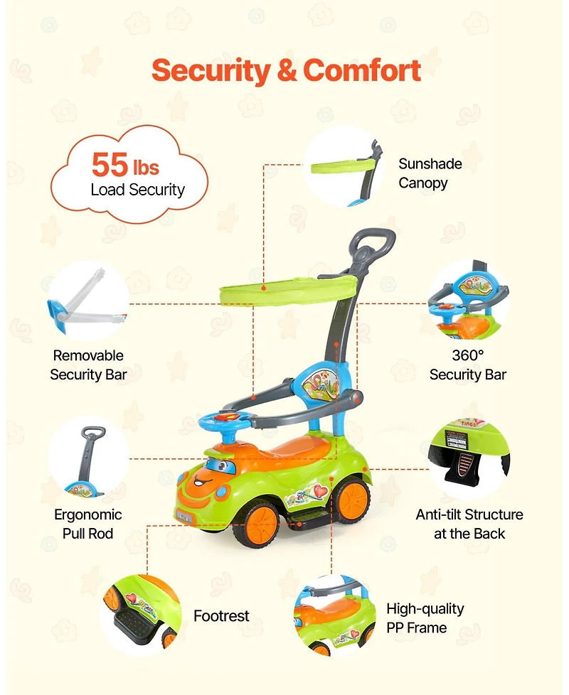 Mecale Ride On Push Car, Toddler Push Car 19–36 Months with Guardrails, Handle & Storage, 55 lbs Load, Foot-to-Floor Walker, Green