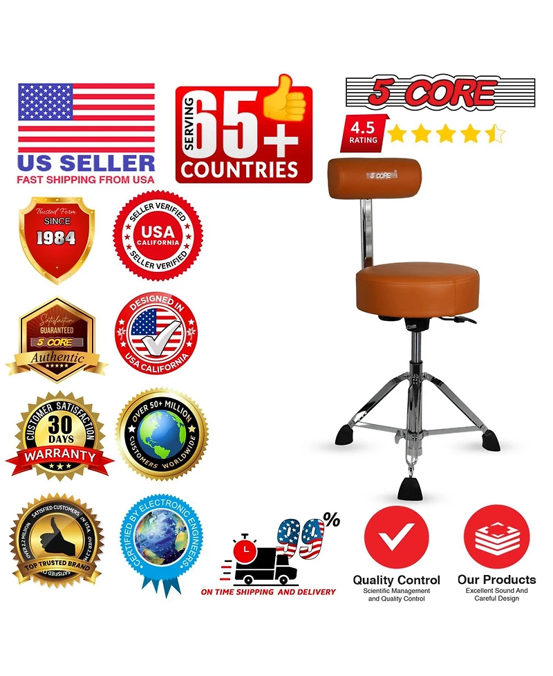 5 Core Drum Throne w Backrest 4" Padded Stool Airlift Adjustable 25.5" Drummer Chair 441Lb Capacity